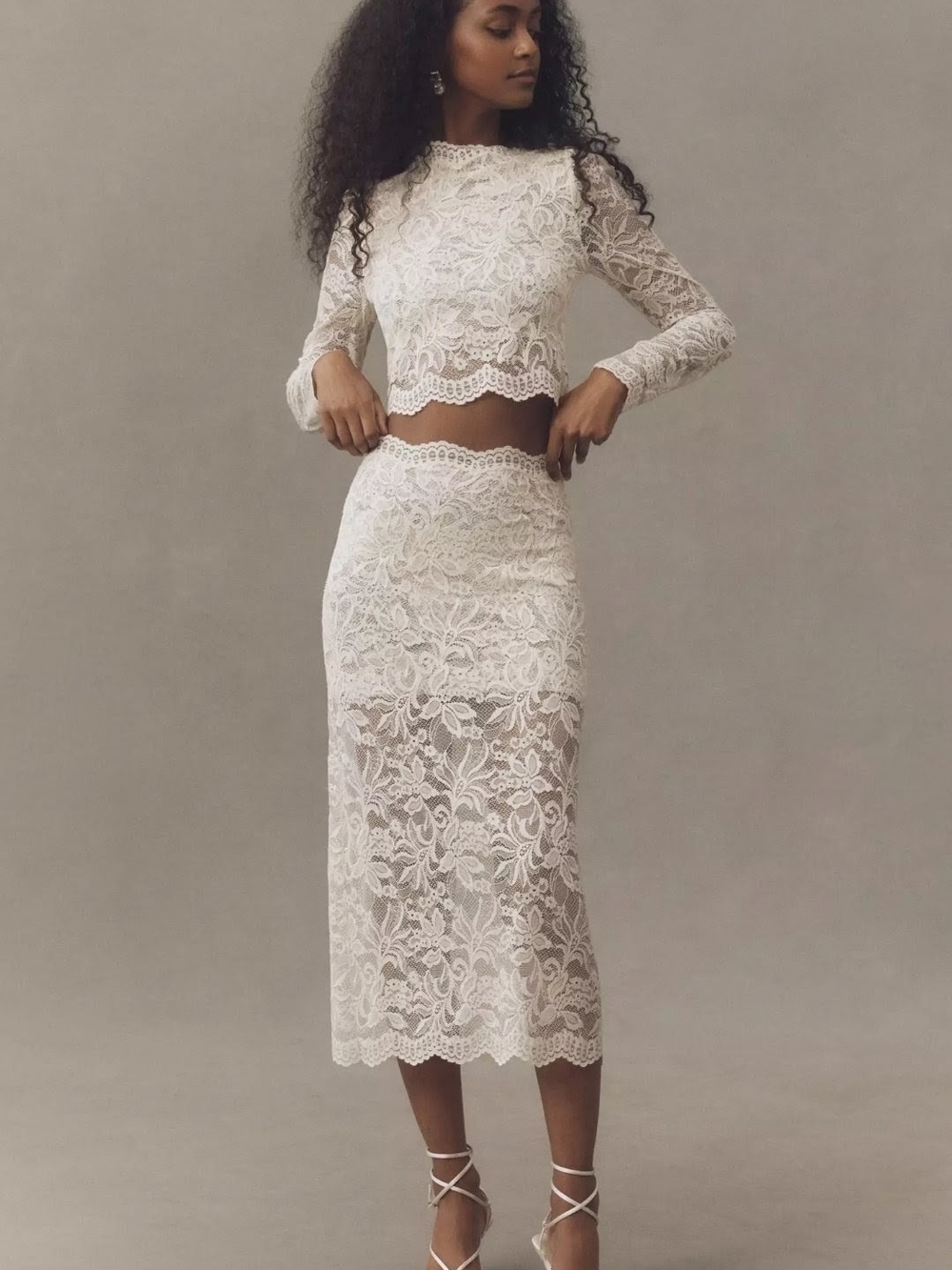NWT Anthropologie Mare Mare White Stretch Lace Crop Top Midi Skirt Set Size XL